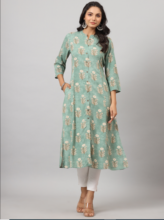 Women's Green  Printed A-Line Kurta