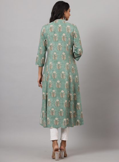 Women's Green  Printed A-Line Kurta