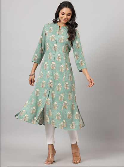Women's Green  Printed A-Line Kurta