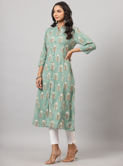 Women's Green  Printed A-Line Kurta
