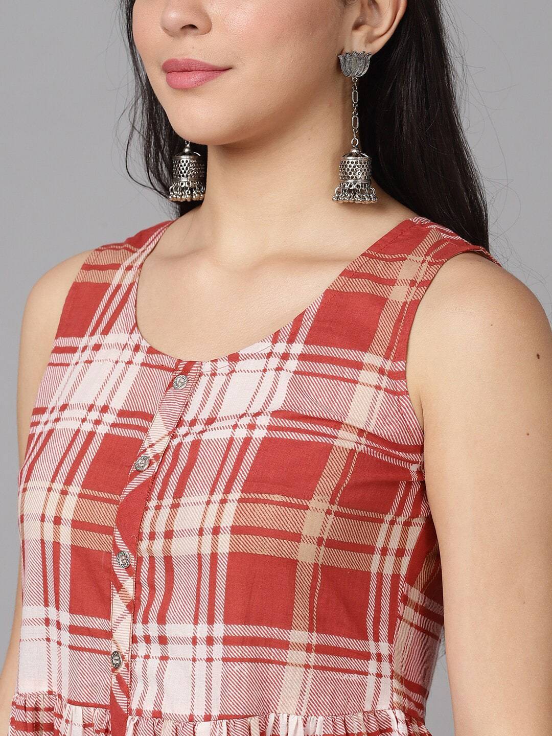 Women's  Rust Red & Off-White Checked A-Line Dress
