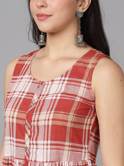 Women's  Rust Red & Off-White Checked A-Line Dress