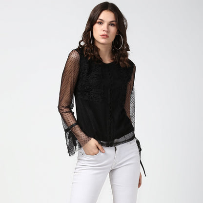 Women's Black Lace and Crochet Self Design Top