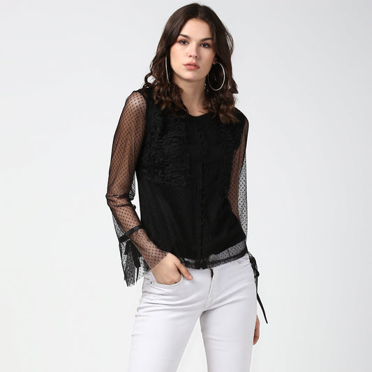 Women's Black Lace and Crochet Self Design Top