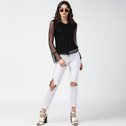 Women's Black Lace and Crochet Self Design Top