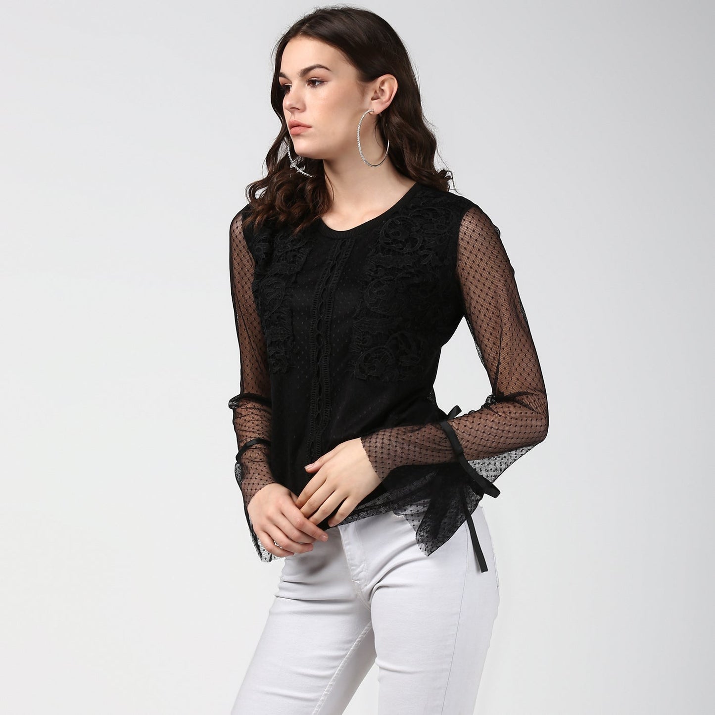 Women's Black Lace and Crochet Self Design Top