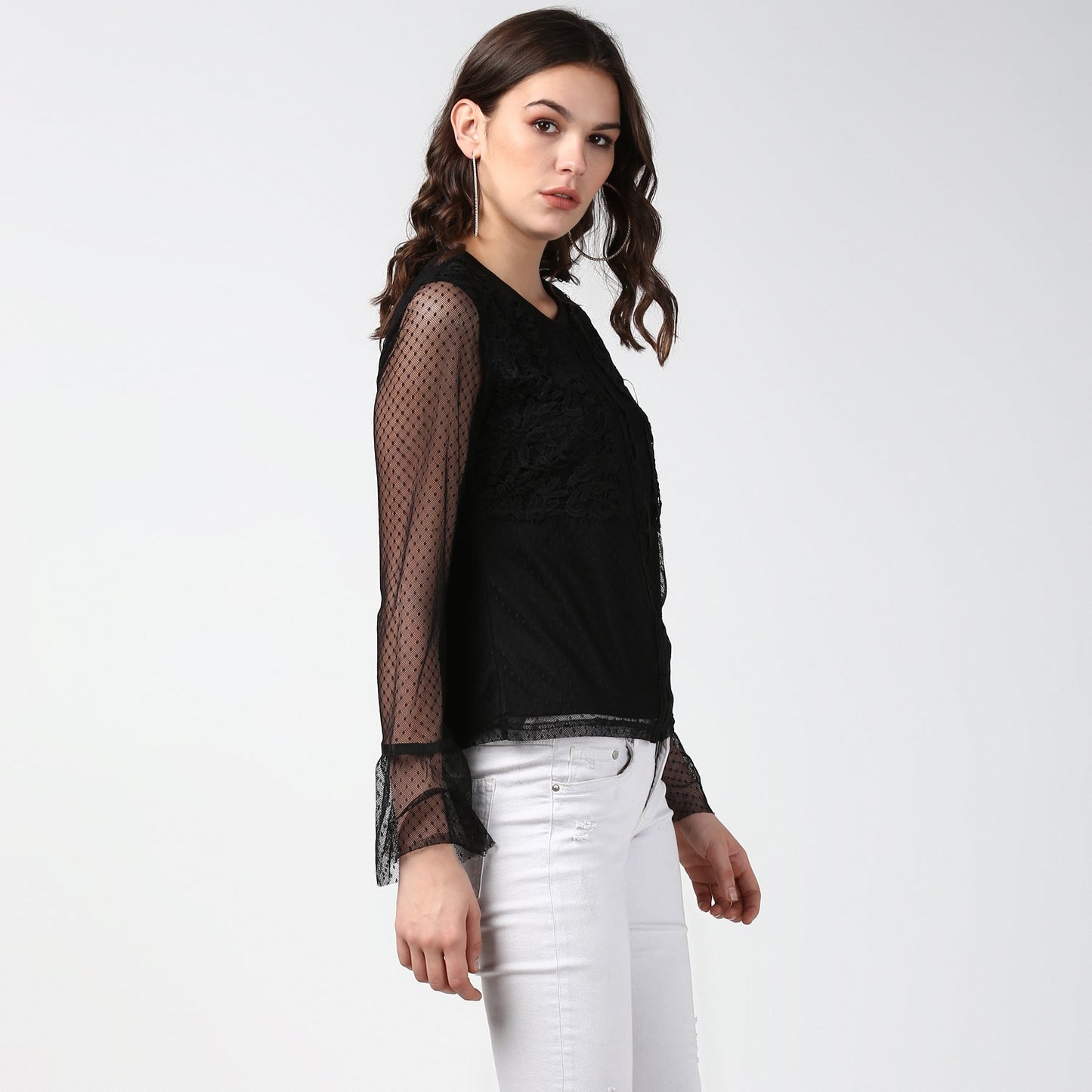 Women's Black Lace and Crochet Self Design Top