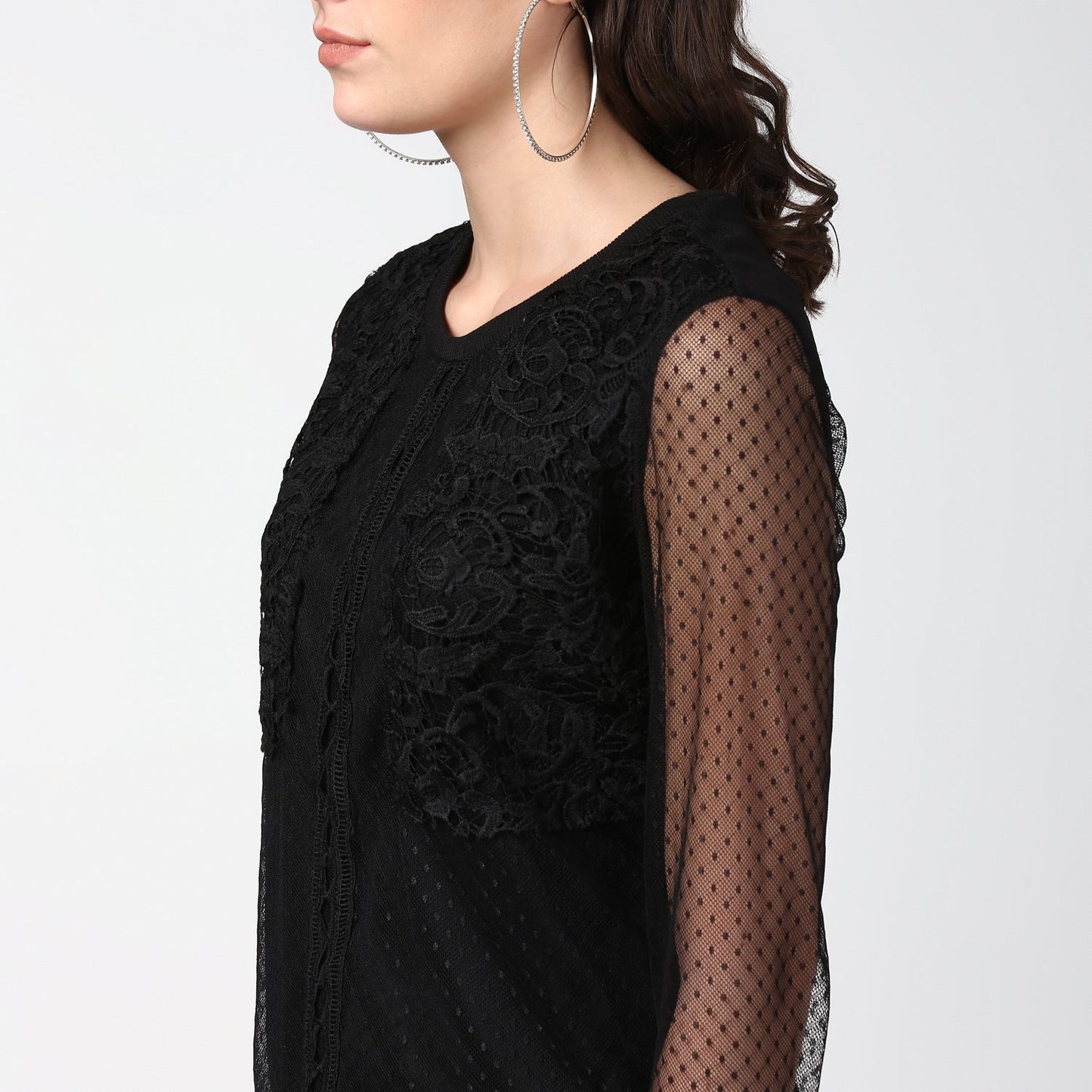 Women's Black Lace and Crochet Self Design Top