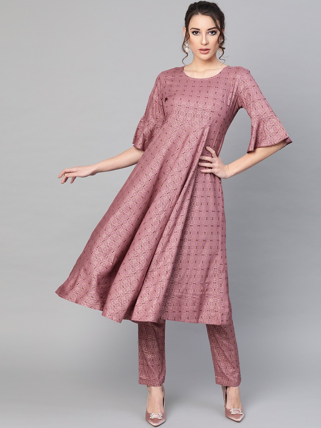 Women's  Mauve & Golden Printed A-Line Kurta