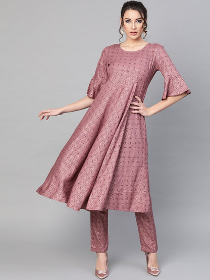 Women's  Mauve & Golden Printed A-Line Kurta