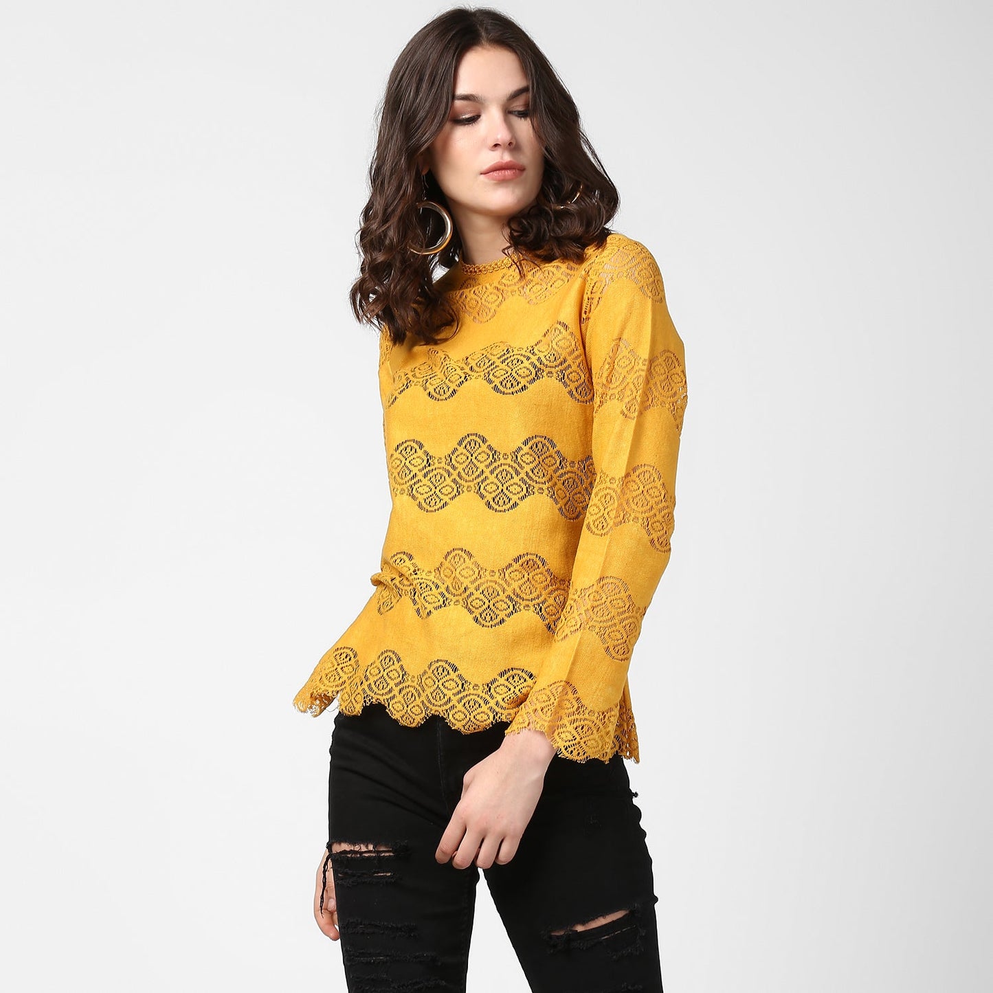 Women's Mustard Yellow Self Detail Lace Top