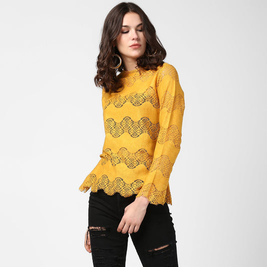 Women's Mustard Yellow Self Detail Lace Top