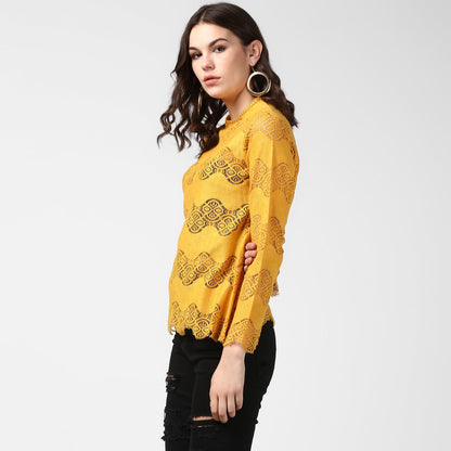 Women's Mustard Yellow Self Detail Lace Top