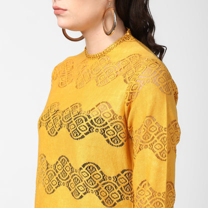 Women's Mustard Yellow Self Detail Lace Top