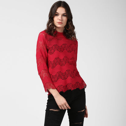 Women's Maroon Self Detail Lace Top