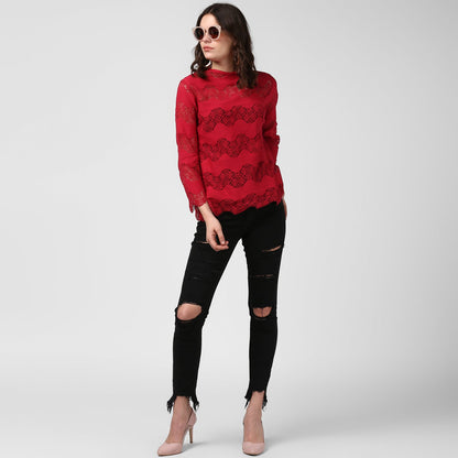 Women's Maroon Self Detail Lace Top
