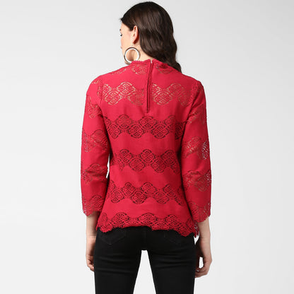 Women's Maroon Self Detail Lace Top