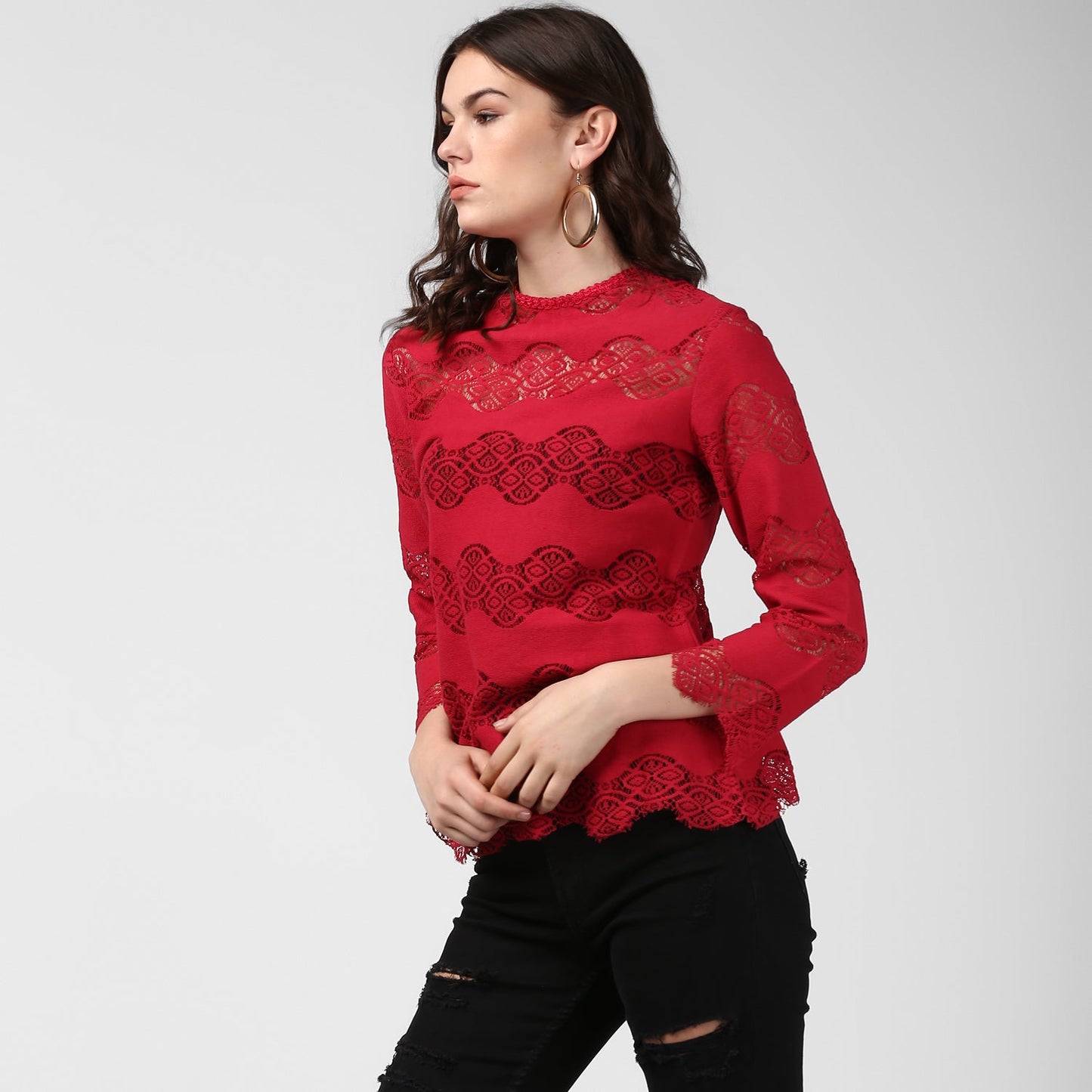 Women's Maroon Self Detail Lace Top