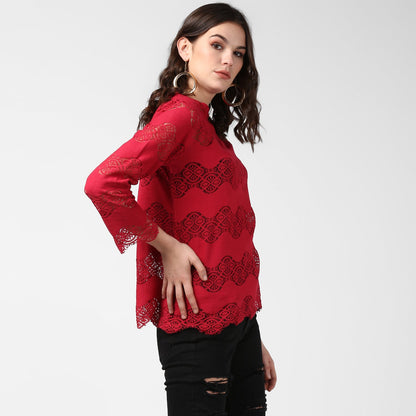Women's Maroon Self Detail Lace Top