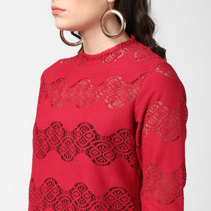 Women's Maroon Self Detail Lace Top