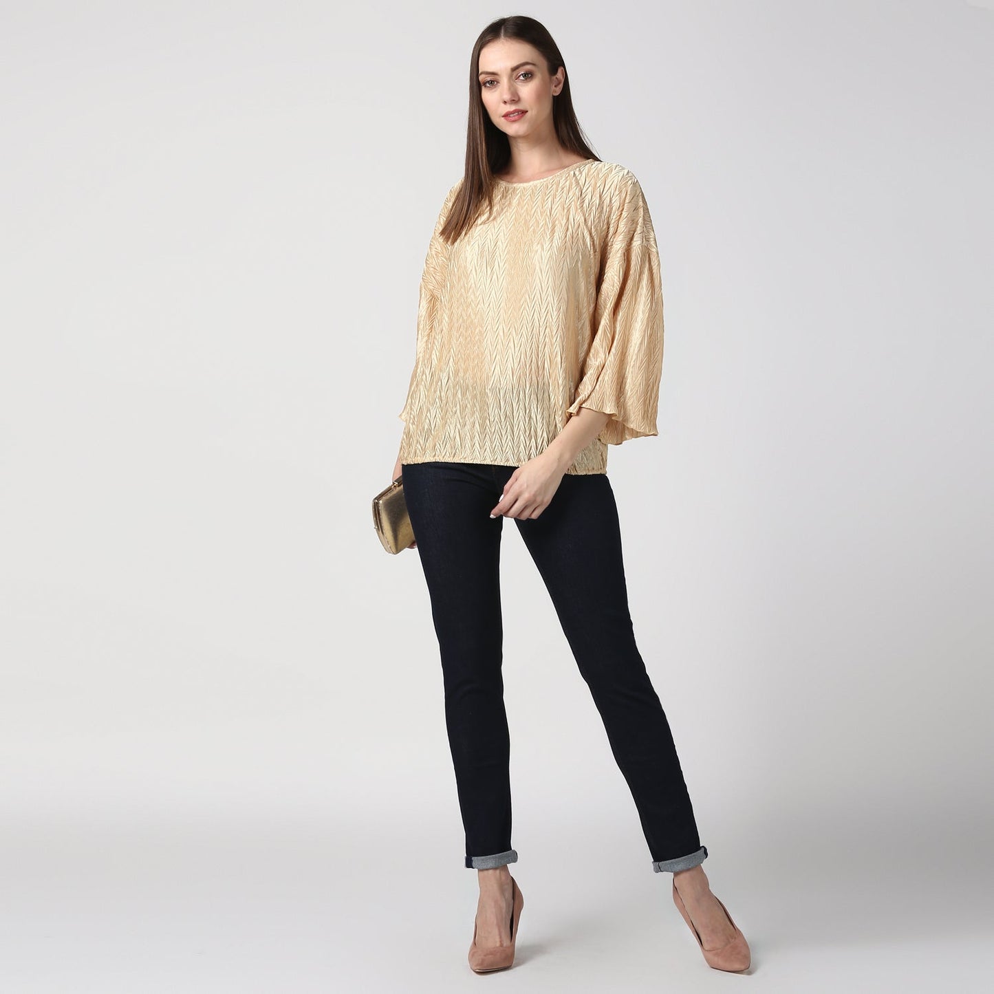 Women's Satin Gold V Pleat Detail Top