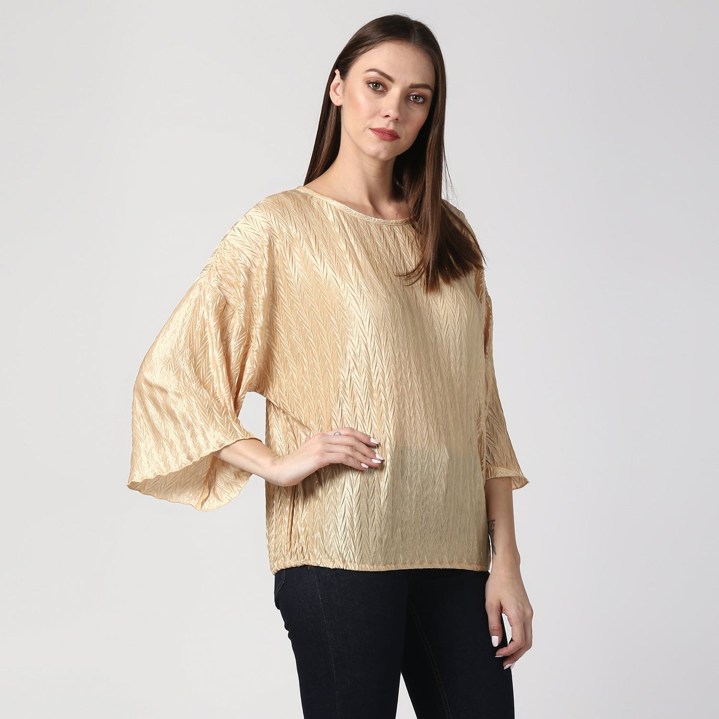 Women's Satin Gold V Pleat Detail Top