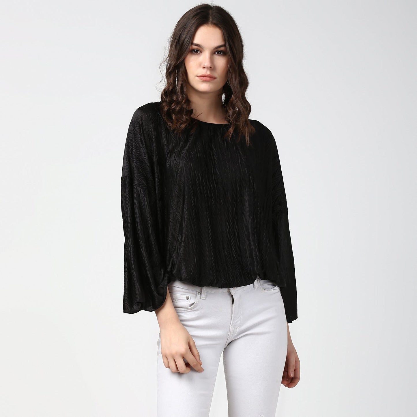 Women's Satin Black V Pleat Detail Top