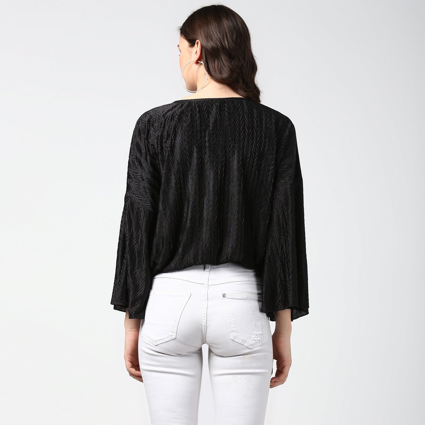 Women's Satin Black V Pleat Detail Top