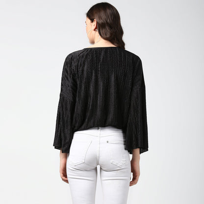 Women's Satin Black V Pleat Detail Top