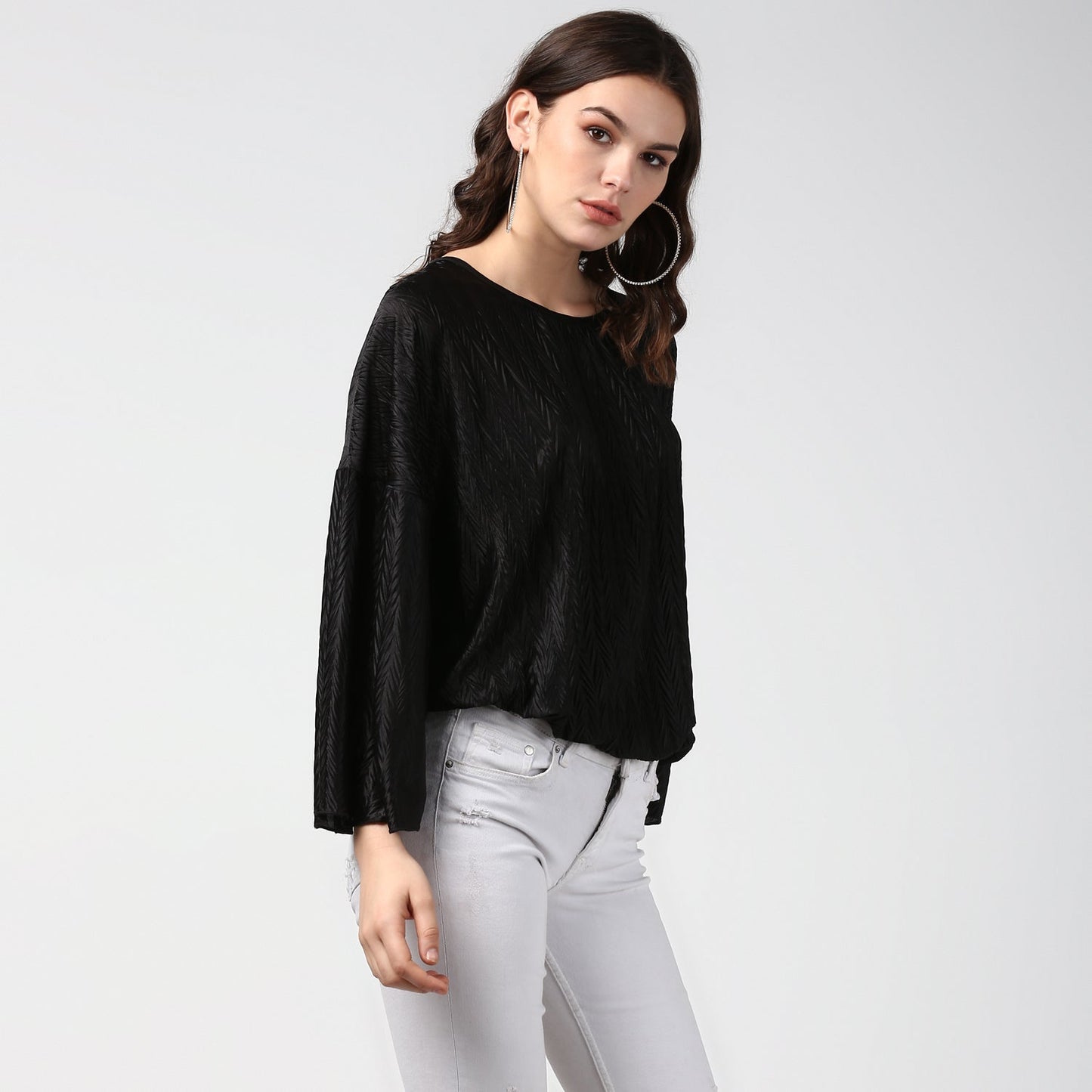 Women's Satin Black V Pleat Detail Top