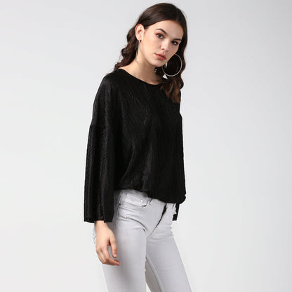 Women's Satin Black V Pleat Detail Top