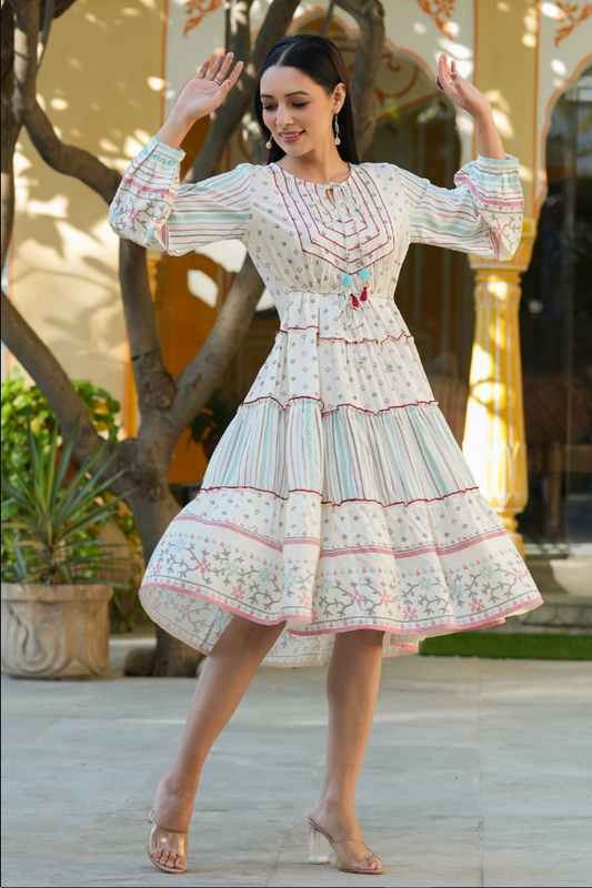 Women's Ivory  Printed Teired Dress