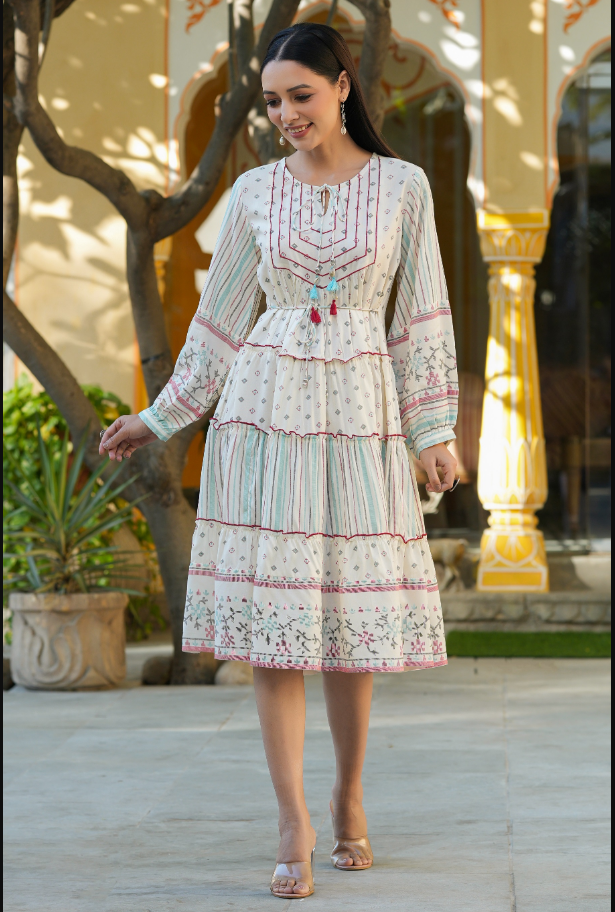 Women's Ivory  Printed Teired Dress
