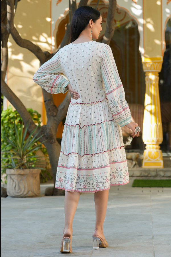 Women's Ivory  Printed Teired Dress