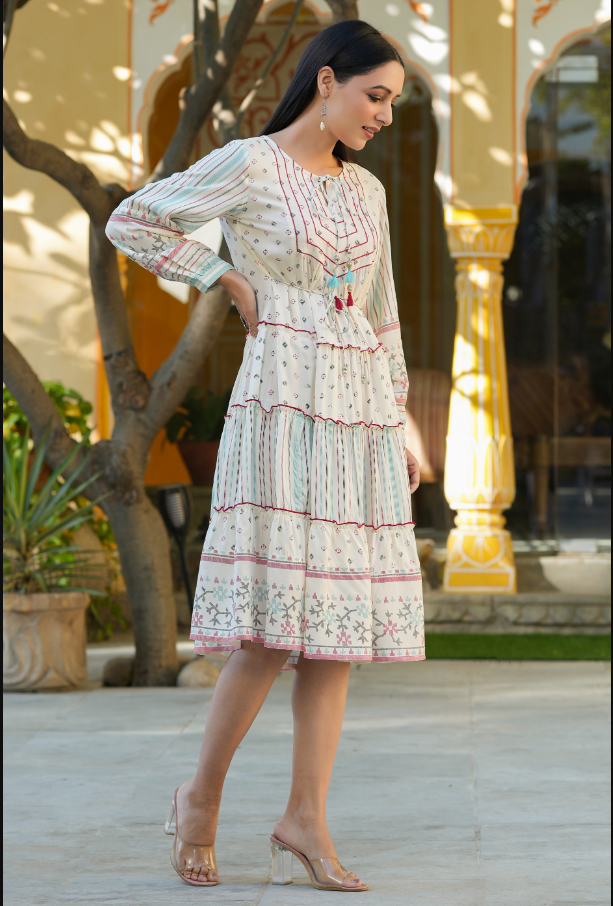 Women's Ivory  Printed Teired Dress