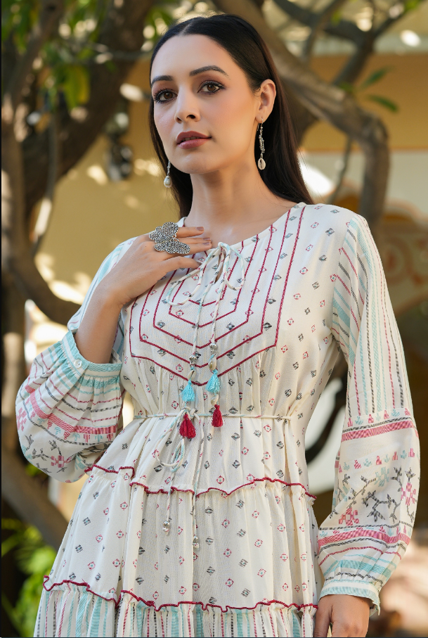 Women's Ivory  Printed Teired Dress