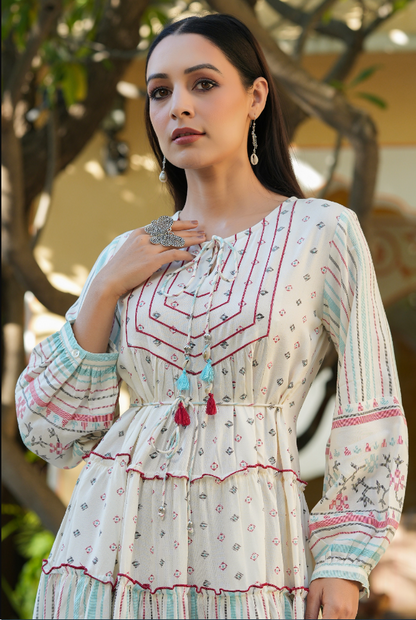 Women's Ivory  Printed Teired Dress