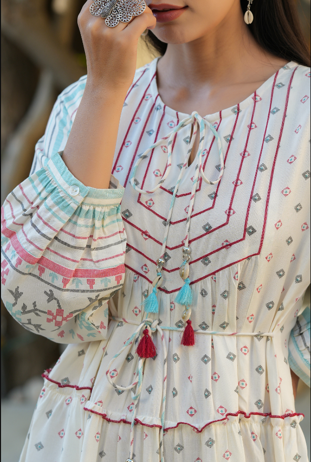 Women's Ivory  Printed Teired Dress