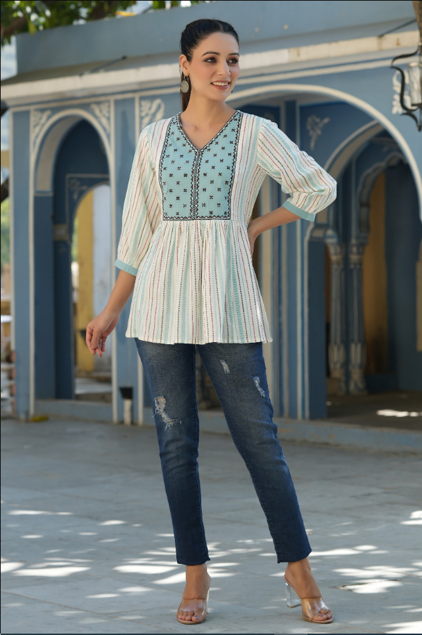 Women's Ivory Rayon Staple Striped Printed Peplum Tunic.
