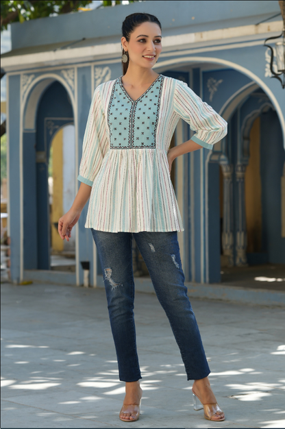 Women's Ivory Rayon Staple Striped Printed Peplum Tunic.