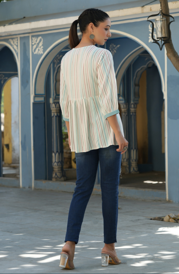 Women's Ivory Rayon Staple Striped Printed Peplum Tunic.