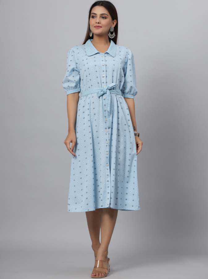 Women's Blue  Printed A-Line Dress