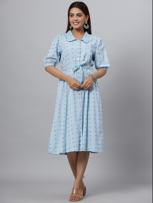 Women's Blue  Printed A-Line Dress