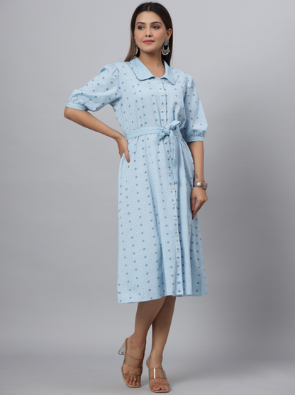 Women's Blue  Printed A-Line Dress