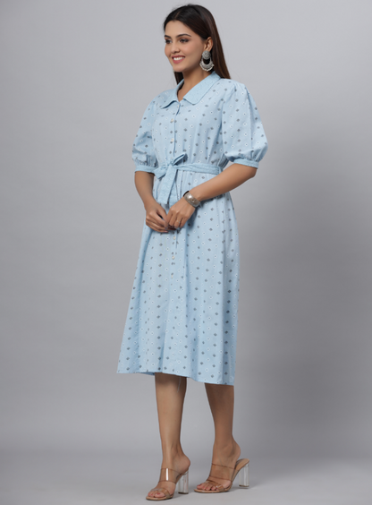 Women's Blue  Printed A-Line Dress