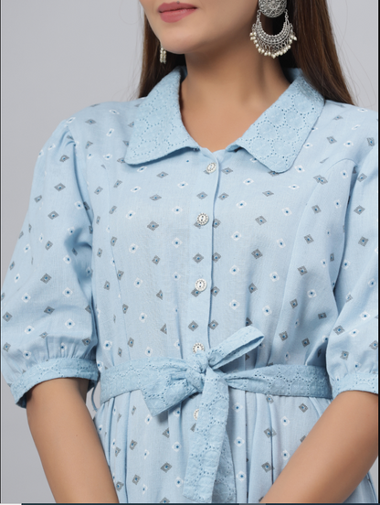 Women's Blue  Printed A-Line Dress