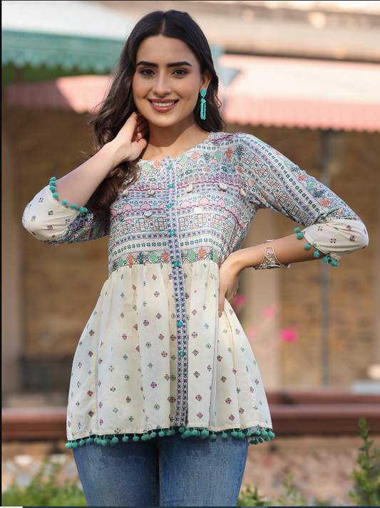Women's Ivory Cotton Cambric Tribal Printed Peplum Tunic.