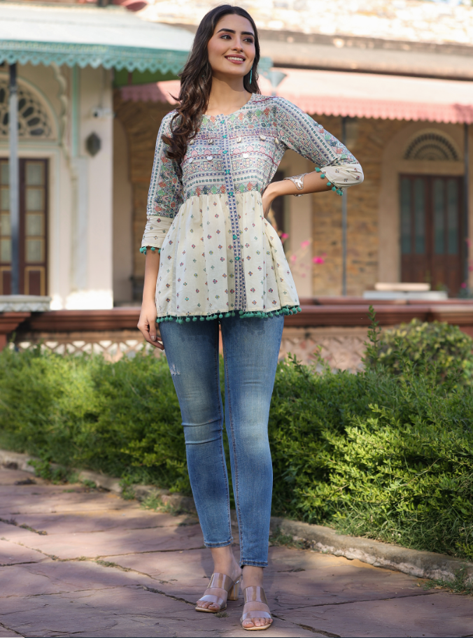 Women's Ivory Cotton Cambric Tribal Printed Peplum Tunic.