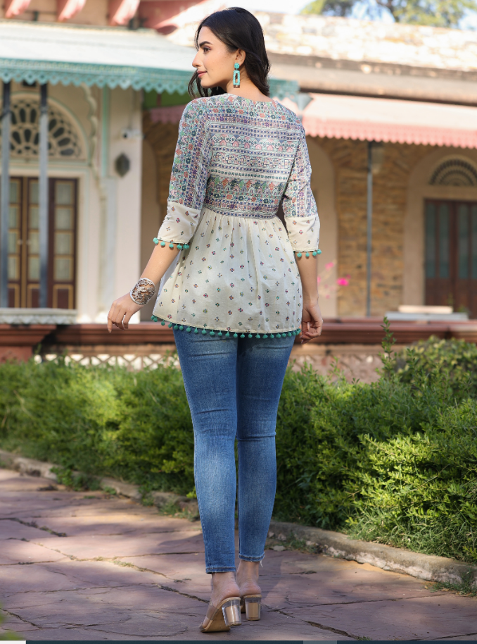 Women's Ivory Cotton Cambric Tribal Printed Peplum Tunic.