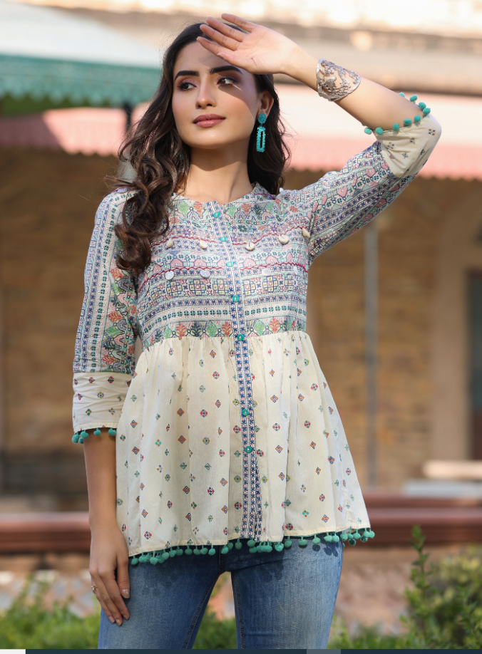 Women's Ivory Cotton Cambric Tribal Printed Peplum Tunic.